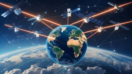 Wall Mural - Futuristic isometric illustration of Earth with multiple satellites orbiting, each sending glowing data beams to different continents. Background includes stars and cloud networks, designed for space 