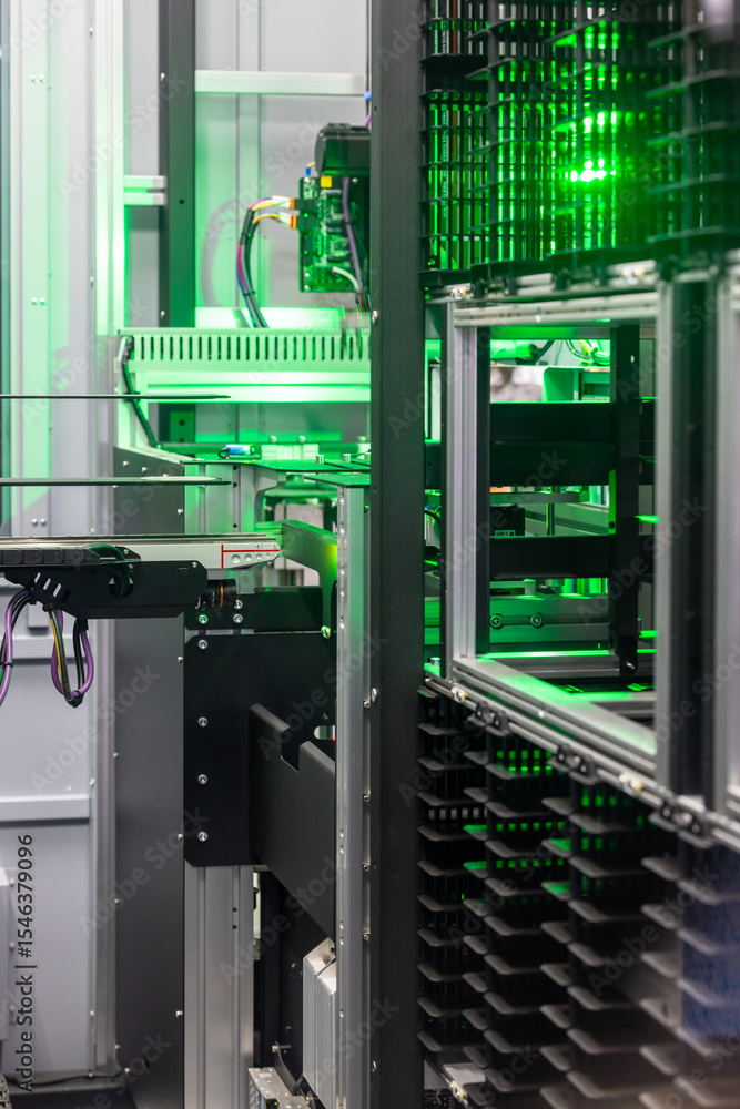 Stock-Foto „Automated industrial storage system with green light, Smart ...