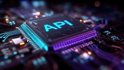 Futuristic API Technology: A High-Resolution Render Of A Microchip With Glowing API Text, Representing The Core Of Modern Software Development And Data Exchange In A Vibrant, Neon-Lit Circuit Board.