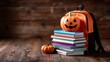 © O - Halloween pumpkin toy and stack of books near orange school backpack on wooden background. Back to school concept. All Hallows Eve, Samhain