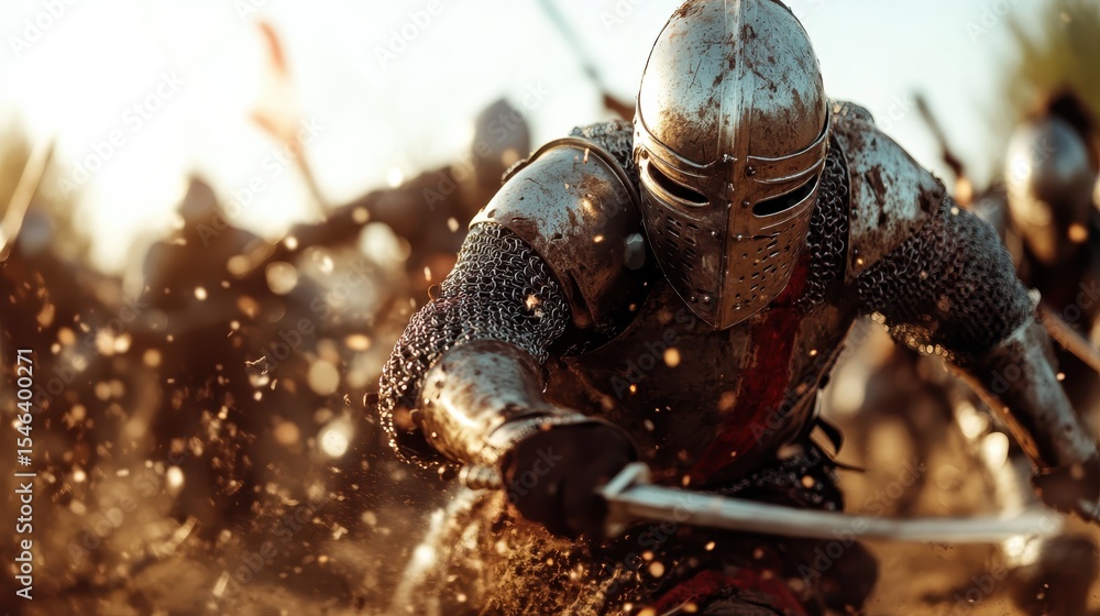 Knight Surrounded A medieval knight clad in shining armor charges fearlessly into battle ...