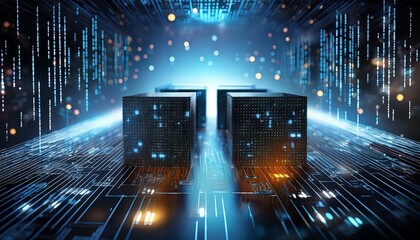 dark cubes filled with binary code representing blockchain technology and secure digital data systems in a virtual tech network 3d rendering