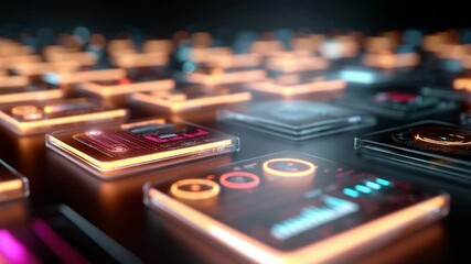 Abstract futuristic glowing devices with graphs and data, ideal for high tech backgrounds