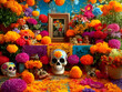 © john - A colorful Day of the Dead altar with marigolds, sugar skulls, and a framed photo.