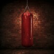 © Dima - A red punching bag hangs in front of a brick wall.