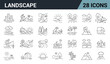 © Mostsuchona - Landscape Line Editable Icons Set. Includes Mountains, Forests, Desert, Ocean, Volcano, Sunrise, Fields, Urban Cityscapes, and More. Vector illustration.