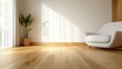 © Larisa AI - A serene living room with a cozy white chair, wooden floor, and a lush green plant, illuminated by soft natural light creating a peaceful and minimalistic atmosphere.