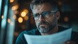 © svastix - A serious man examines documents closely while seated in a cafe, highlighting focus and stress in a bustling environment filled with warm light and soft ambiance.