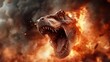 © svastix - This striking image features a fiery dinosaur head emerging from intense flames and smoke, symbolizing power and primal forces in a visually compelling way.