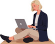 © OKAN - Woman working on laptop sitting cross legged casual outfit indoor focused expression digital device use