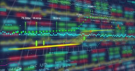 Wall Mural - Displaying financial chart on screen with candlestick bars, dotted line, arrow and numeric tickers