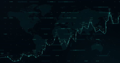Wall Mural - Displaying turquoise line graph tracking global data trends on dashboard, with glowing data points