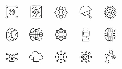 Artificial intelligence, AI technology Vector icons set for web and business, featuring symbols of communication, technology, and everyday life. Artificial Intelligence & Machine Learning Icons set.