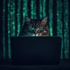 a tabby cat stares intently over a laptop screen, set against a glowing digital code background evok