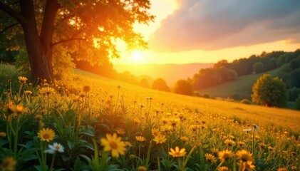 Wall Mural - Golden hour sunlight bathes a landscape in warm, radiant glow, illuminating vibrant nature with a soft, ethereal light Perfect for summer, nature, or wellness themes , sunlight, texture, illumination
