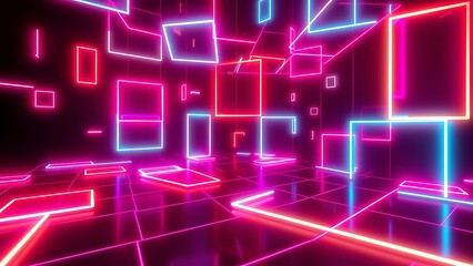 Abstract Neon Grid - Glowing Geometric Shapes for Futuristic Designs and Tech Visuals, Vaporwave Style.