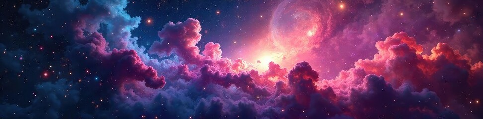 Wall Mural - swirling nebulae in vibrant hues, cosmic dust and gas forming ethereal patterns against a deep black