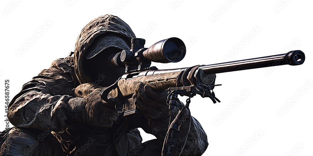 Sniper Rifle Environment Camouflaged soldier aiming sniper rifle with optical scope in outdoor ...