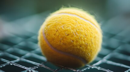 Close-up of a fuzzy yellow tennis ball resting on a wet tennis racket.