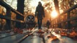 © svastix - An owl stands on a wooden path scattered with autumn leaves, while a silhouetted figure walks in the distance, capturing the essence of nature and peaceful solitude.
