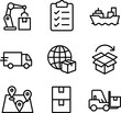 © VectorCookies - Supply chain and logistics. Line icons set. Vector outline symbols. Delivery, shipping, inventory, management, and global distribution concepts