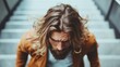 © svastix - A contemplative man with long hair captured mid-step on a staircase, symbolizing introspection, growth, and the journey of life amidst an urban setting.