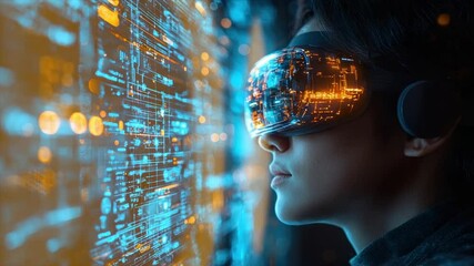 Person wearing futuristic glasses, viewing digital data stream