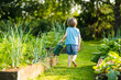 © MNStudio - Cute little boy watering flower beds in the back yard at summer day. Child using watering can to water plants. Kid helping with everyday chores.