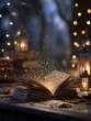 © Johannes - Magic, fantasy and spiritual with book and light on table for fairytale, imagination and night. Ai generated, inspiration and learning with literature and glitter for magical, education and hope
