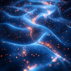 Wall Mural - Abstract digital art of glowing blue waves and sparkling orange particles a photo