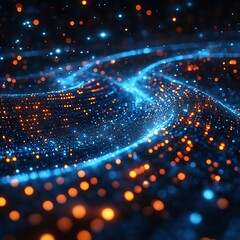 Wall Mural - abstract digital wave of glowing particles in vibrant blue and orange forming a dynamic photo