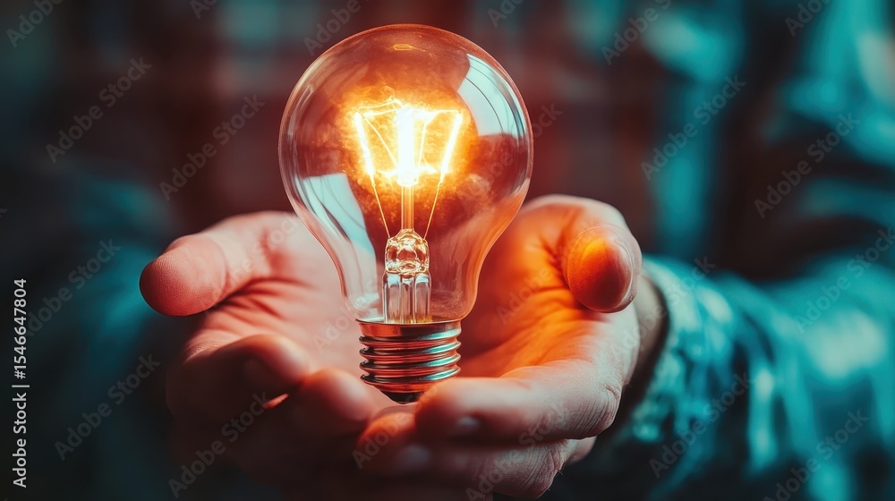 A glowing light bulb held in hands symbolizes creativity and innovative ...