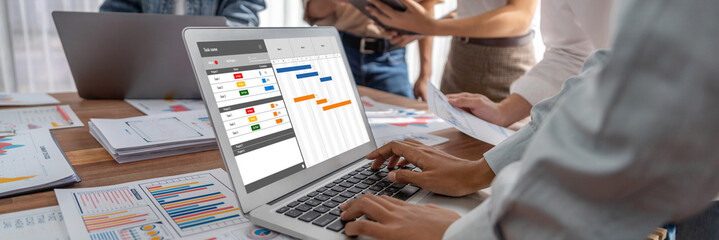 Project planning software for brisk business project management on the computer screen showing timeline chart of the team project