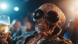A strikingly detailed alien character, seated comfortably and holding a drink, merging science fiction with a casual nightlife scene in a vibrant environment.