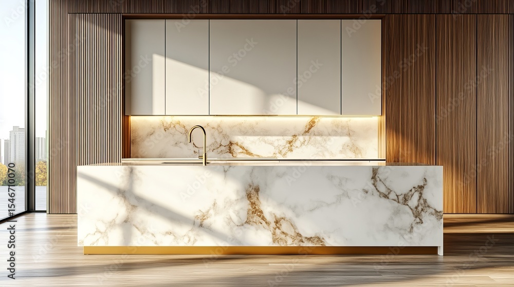 Modern Marble Kitchen Island Sunlit White Calacatta Design, Gold ...