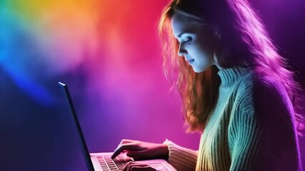 Focused Young Woman Typing on Laptop with Vibrant, Dynamic Lighting Effects