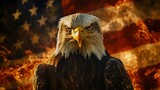 Fierce bald eagle portrait against a fiery American flag backdrop.