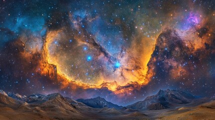 Wall Mural - Vibrant nebula above majestic mountain range at night.