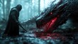 © Larisa AI - A cloaked figure stands bravely against a fierce dragon in a misty forest, symbolizing the eternal battle between good and evil in a dramatic fantasy setting.