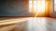 © Larisa AI - This image captures sunlight streaming into a minimalistic room with a warm wooden floor, creating an inviting atmosphere that conveys a sense of hope and new beginnings.