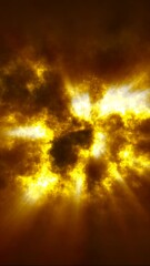 Wall Mural - intense yellow and orange energy clouds erupt with radiant beams of light cutting through the dark