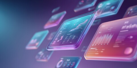 Holographic Touch Interface with Neon Charts and Data Panels in Motion

