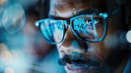 A close-up of a dedicated programmer, showcasing intense focus as they analyze data reflected in their glasses, highlighting the modern tech environment and deep concentration.