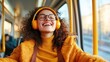 © Larisa AI - A joyful woman with curly hair wearing headphones, smiling brightly while traveling on public transport, depicting the powerful connection between music and happiness.