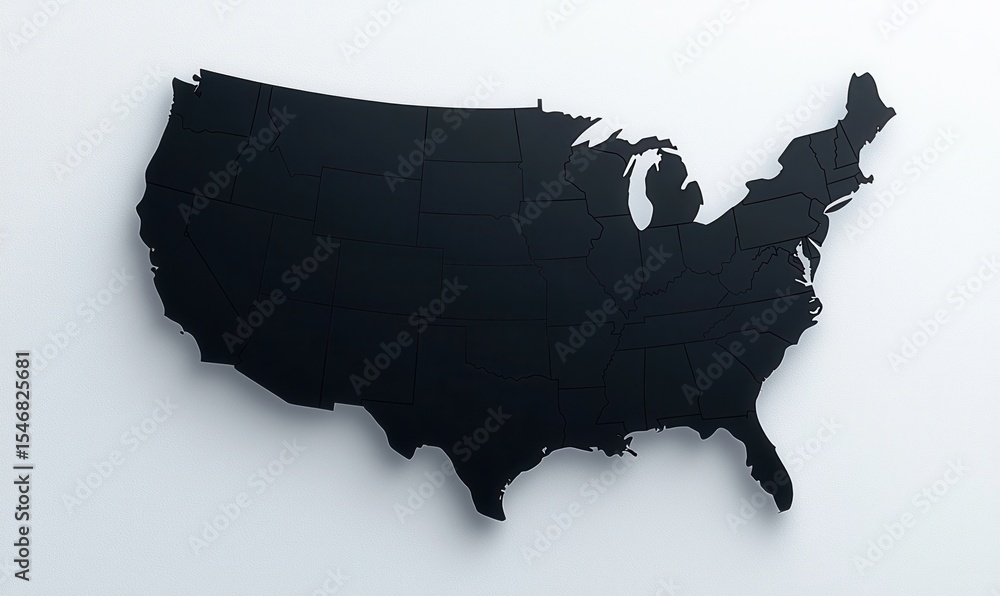 Black silhouette of the USA map showcasing all states against a neutral ...