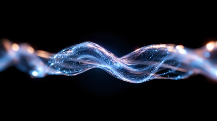 Glowing blue and pink energy wave with light particles flowing on black background, abstract dynamic motion design element for technology concepts.