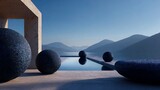 Spheres near a pool with mountain views and a stone structure on a clear day with blue skies