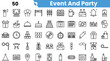 © Sk Sa - A diverse collection of icons representing event and party themes, featuring balloons, cakes, cameras, gifts, and more.