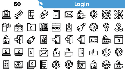 A diverse collection of minimalist login icons, featuring security elements, data exchange symbols, and user interface designs in a sleek black outline style.