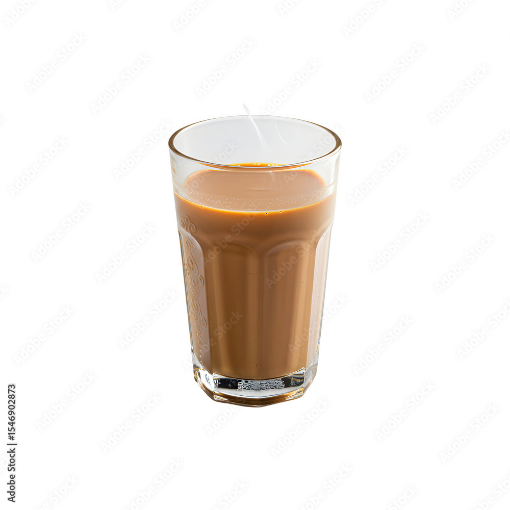 Indian-style glass of masala tea filled with spiced milk chai on white